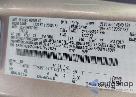 2017 Ford Escape Se из США, поврежденный, VIN 1FMCU9G94HUB93621